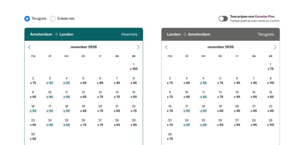 Boekingsscherm van eurostar.com met een prijskalender per dag voor de route Amsterdam-Londen